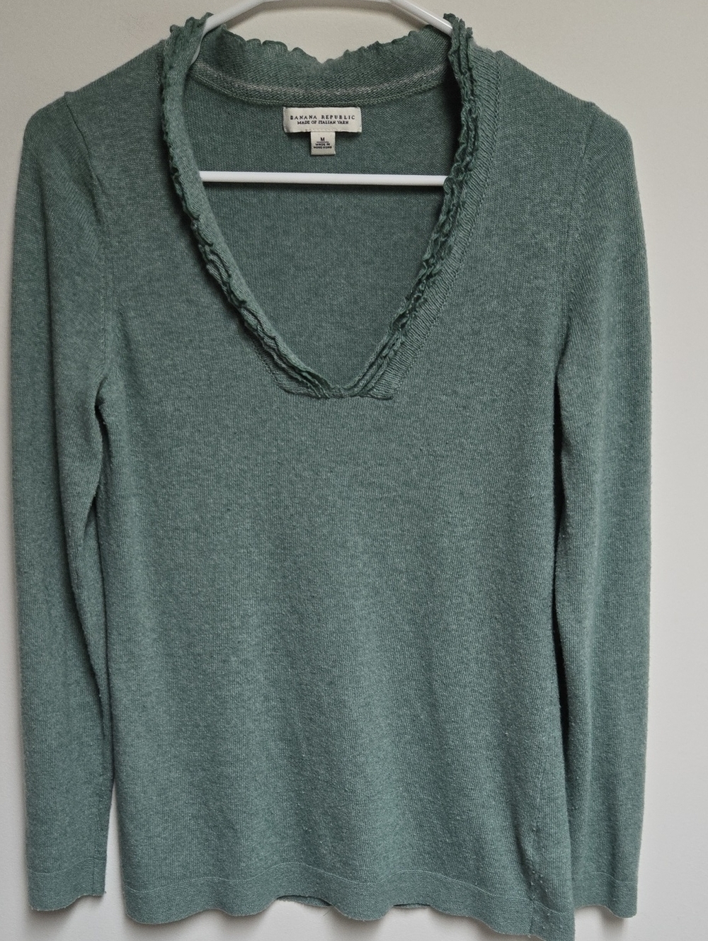 Banana Republic Sage Green V-Neck Ruffle-Trim Sweater Medium
